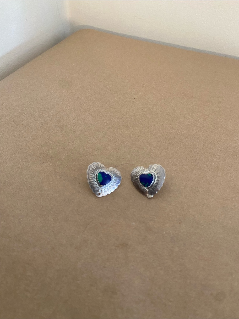Quoc Turquoise "QT Sterling" Heart Earrings Azurite Native American New Mexico